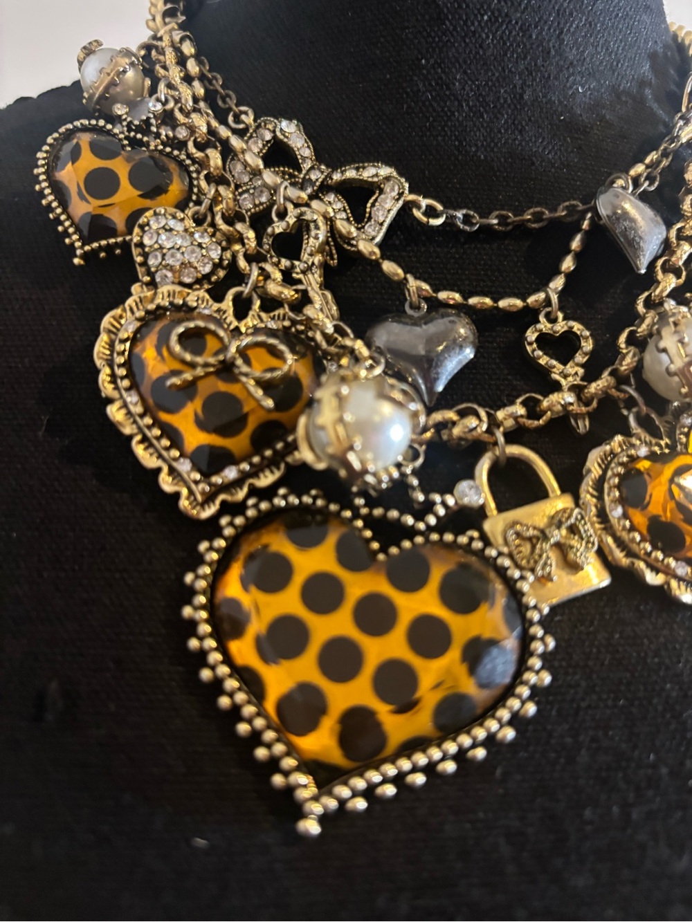 Gold-Tone Leopard Heart Charm Necklace with Faux Pearl Accents - Picture 2 of 3
